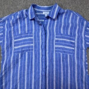 J Jill Love Linen Blue Striped Button Up Shirt Medium Lightweight